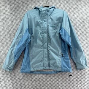 Marmot Rain Jacket Womens M Blue Zip Hook & Loop Front Hoodie Vented Outdoors
